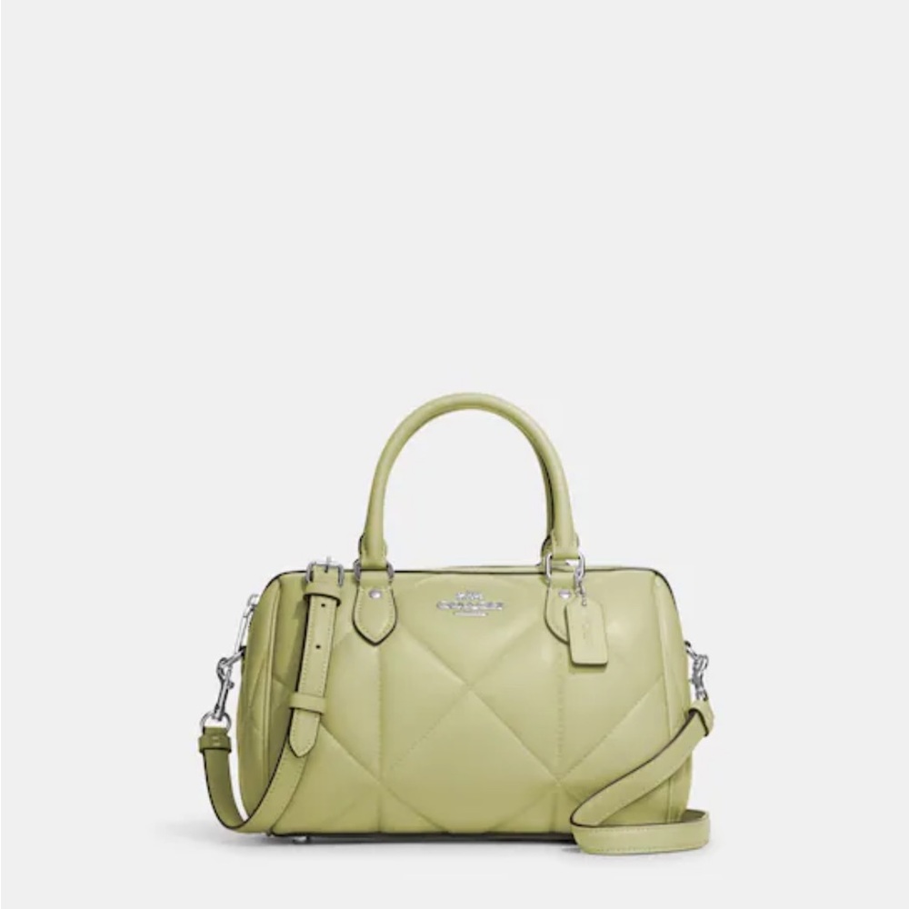 Coach Rowan Satchel with puffy diamond quilting; silver/pale lime